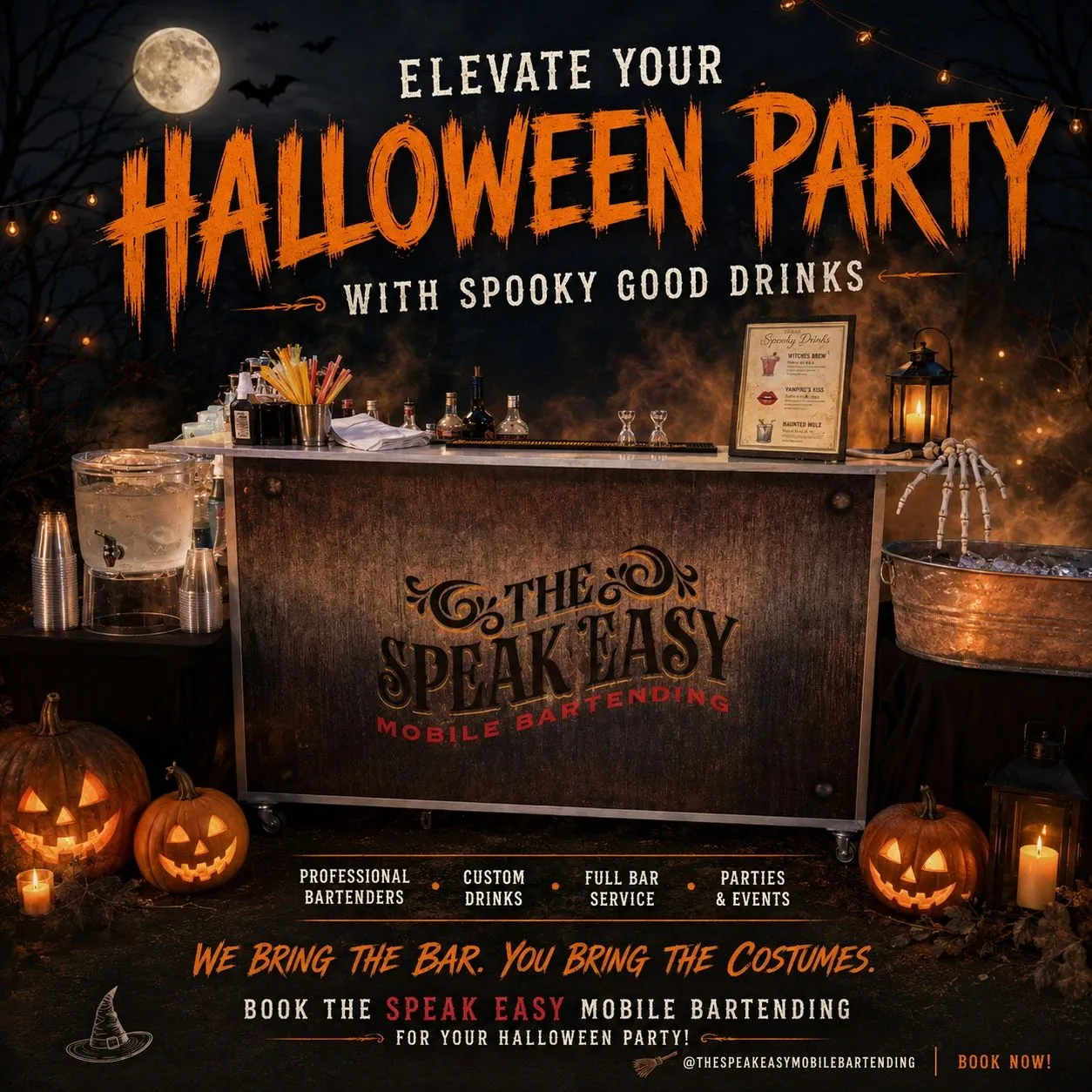 A festive event scene with The Speak Easy bar service